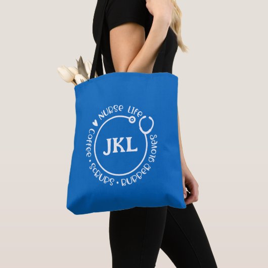 Modern Blue Monogrammed Stethoscope Nurse Canvas t Tote Bag (Dichtbij)