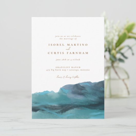 Modern Blue Mountains Ocean Waves Wedding Kaart (Staand voorkant)