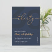 Modern Blue Navy & Gold 30th Birthday Invitation Kaart (Staand voorkant)