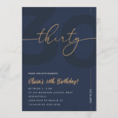 Modern Blue Navy & Gold 30th Birthday Invitation Kaart (Voorkant)