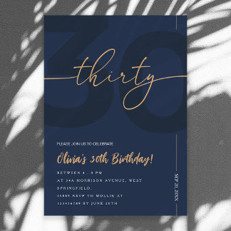 Modern Blue Navy & Gold 30th Birthday Invitation Kaart