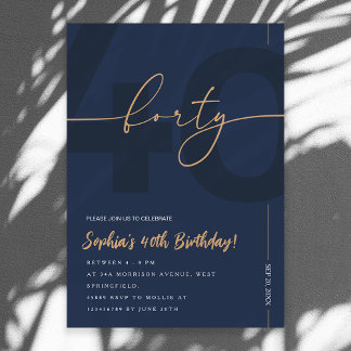 Modern Blue Navy & Gold 40th Birthday Invitation Kaart