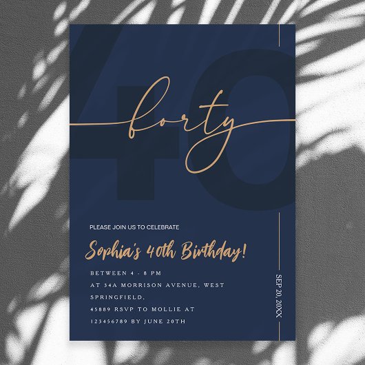 Modern Blue Navy & Gold 40th Birthday Invitation Kaart