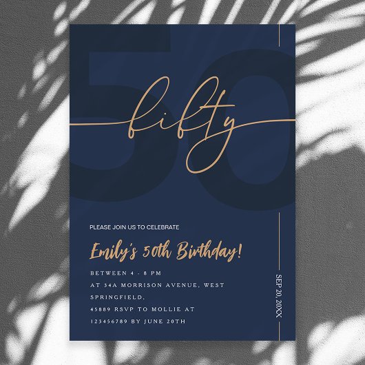 Modern Blue Navy & Gold 50th Birthday Invitation Kaart
