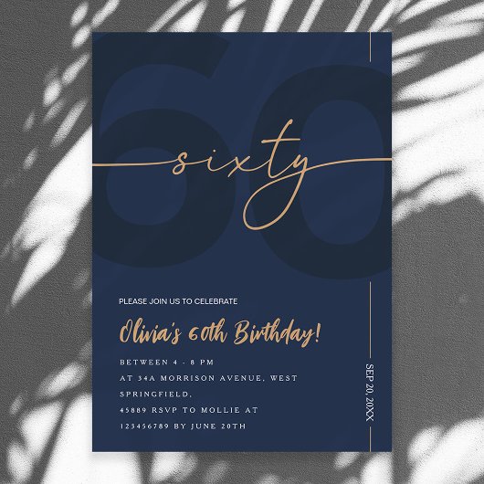 Modern Blue Navy & Gold 60th Birthday Invitation Kaart