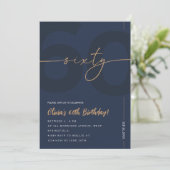 Modern Blue Navy & Gold 60th Birthday Invitation Kaart (Staand voorkant)