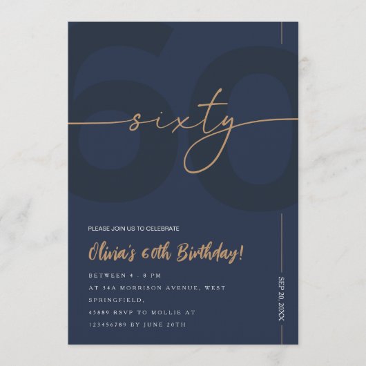 Modern Blue Navy & Gold 60th Birthday Invitation Kaart (Voorkant)