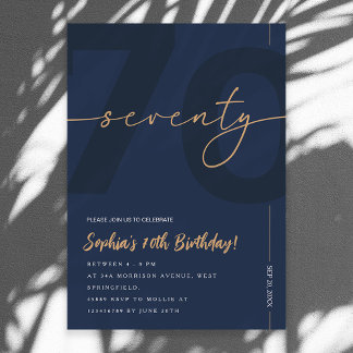 Modern Blue Navy & Gold 70th Birthday Invitation Kaart