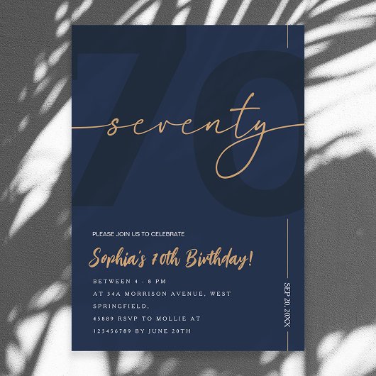 Modern Blue Navy & Gold 70th Birthday Invitation Kaart