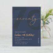 Modern Blue Navy & Gold 70th Birthday Invitation Kaart (Staand voorkant)