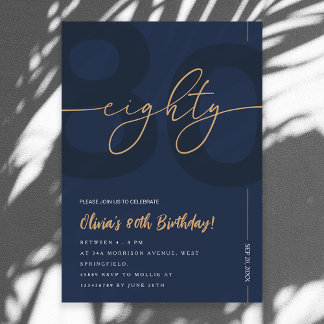 Modern Blue Navy & Gold 80th Birthday Invitation Kaart