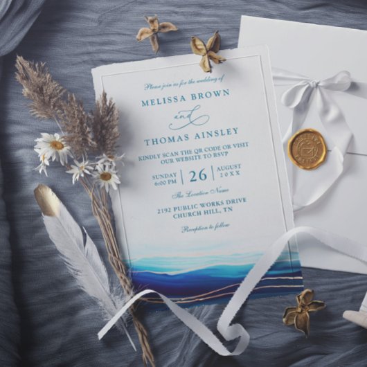 Modern Blue Navy Gold Ocean QR Code Wedding Kaart