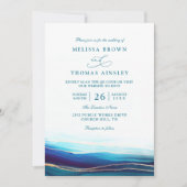 Modern Blue Navy Gold Ocean QR Code Wedding Kaart (Voorkant)