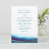 Modern Blue Navy Gold Ocean QR Code Wedding Kaart (Staand voorkant)