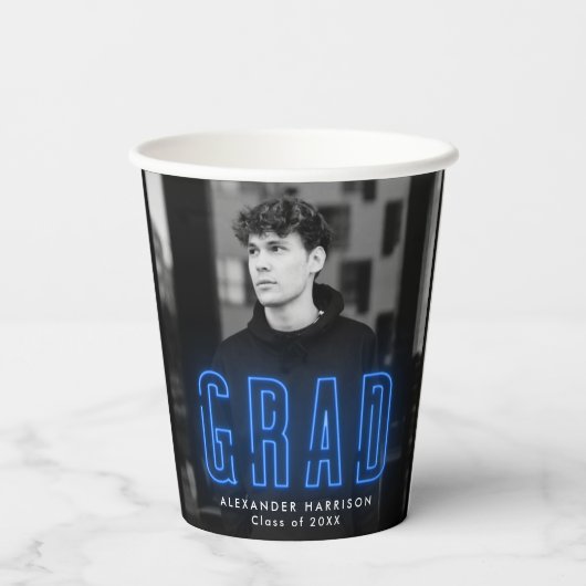 Modern Blue Neon Afstuderen Papieren Bekers (Achterkant)