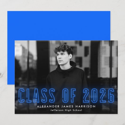 Modern Blue Neon Class of 2023 Photo Afstuderen Aankondiging (Voorkant / Achterkant)
