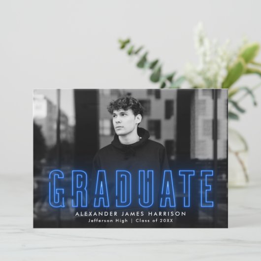 Modern Blue Neon Photo Afstuderen Aankondiging (Staand voorkant)