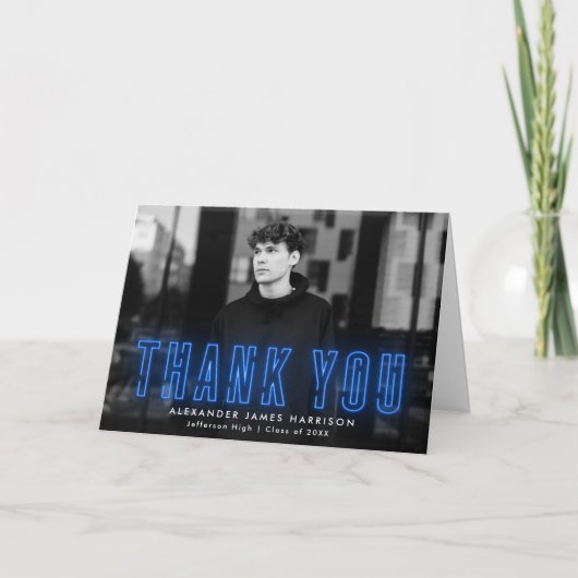 Modern Blue Neon Photo Afstuderen Bedankkaart (Voorkant)