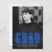 Modern Blue Neon Vertical Photo Afstuderen Aankondiging (Voorkant)