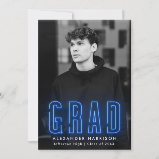 Modern Blue Neon Vertical Photo Afstuderen Aankondiging (Voorkant)
