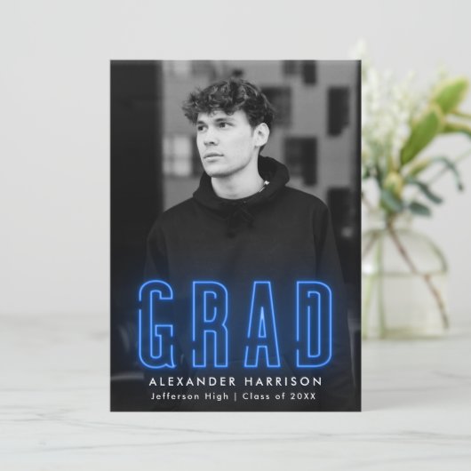 Modern Blue Neon Vertical Photo Afstuderen Aankondiging (Staand voorkant)