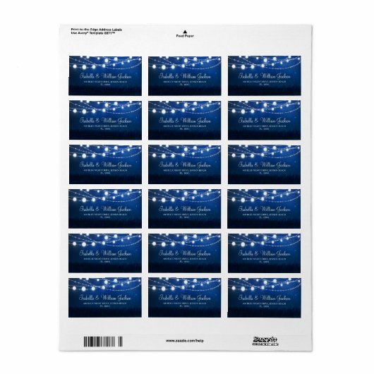 Modern Blue Night String Lights Wedding Address Etiket (Full Sheet)