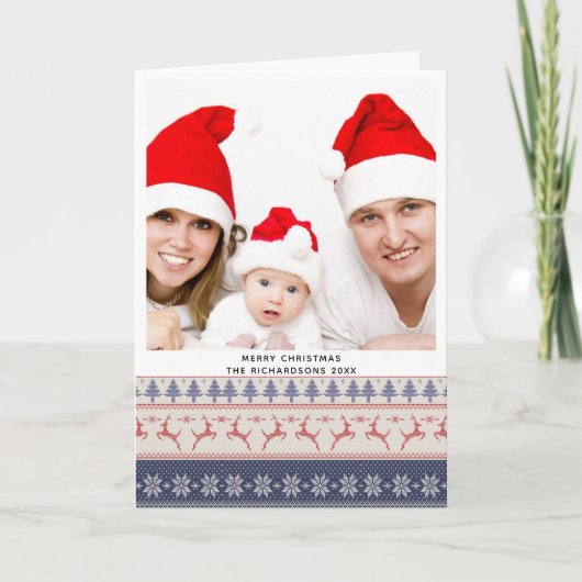 Modern Blue Nordic Sweater Flying Reindeer Pattern Feestdagen Kaart (Voorkant)