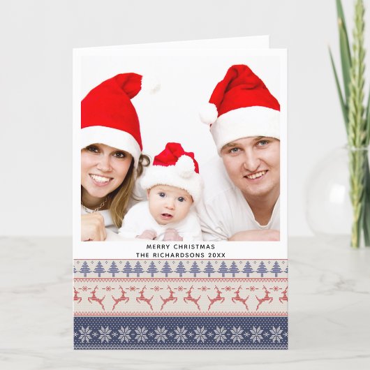 Modern Blue Nordic Sweater Flying Reindeer Pattern Feestdagen Kaart