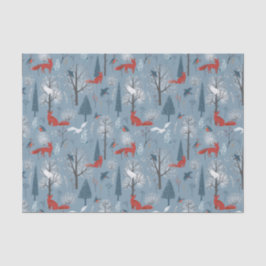 Modern Blue Nordic Winter Foxes Birds Pattern Tissuepapier