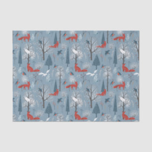 Modern Blue Nordic Winter Foxes Birds Pattern Tissuepapier
