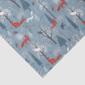 Modern Blue Nordic Winter Foxes Birds Pattern Tissuepapier (Detail)