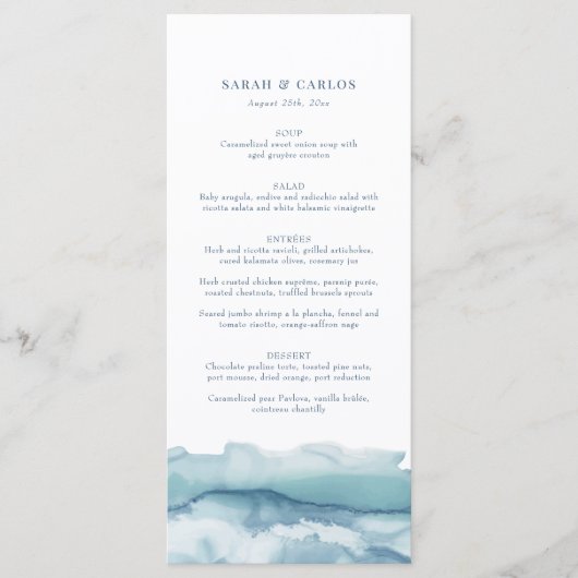 Modern Blue Ocean Waterverf Wedding Menu (Voorkant)
