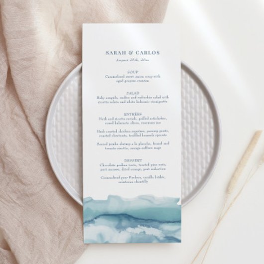 Modern Blue Ocean Waterverf Wedding Menu