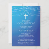 Modern Blue Ombre Garland Cross Boy Communion Kaart (Voorkant)