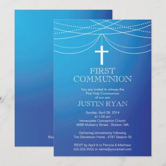 Modern Blue Ombre Garland Cross Boy Communion Kaart (Voorkant / Achterkant)