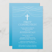 Modern Blue Ombre Garland Cross Boy Communion Kaart (Voorkant / Achterkant)