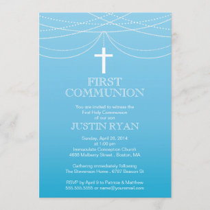 Modern Blue Ombre Garland Cross Boy Communion Kaart