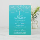Modern Blue Ombre Garland Cross Boy Communion Kaart (Staand voorkant)