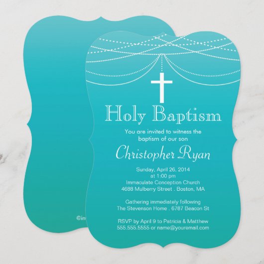 Modern Blue Ombre Garland Cross Heilige Baptisme Kaart (Voorkant / Achterkant)