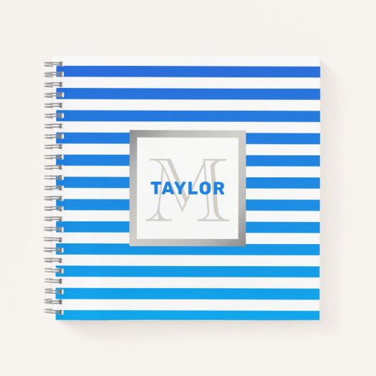 Modern Blue Ombre Stripes met naam Monogram Notitieboek (Voorkant)