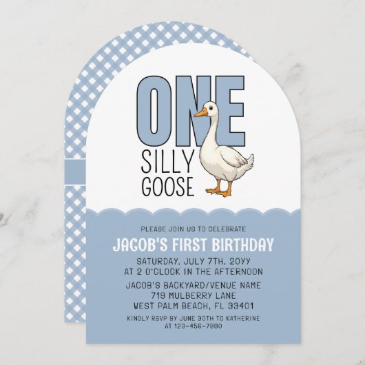Modern Blue One Silly Goose 1st Birthday Party Kaart (Voorkant / Achterkant)