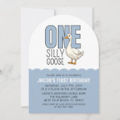 Modern Blue One Silly Goose 1st Birthday Party Kaart (Voorkant)