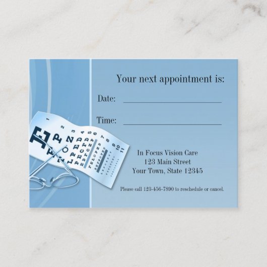 Modern Blue Optometrist Appointment Card Afsprakenkaartje (Voorkant)