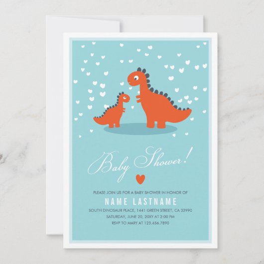 Modern Blue Oranje Dinosaur Baby shower Invitation Kaart (Voorkant)