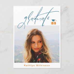 Modern Blue Oranje Script Minimalist Photo AFSTUDE Aankondigingskaart