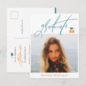 Modern Blue Oranje Script Minimalist Photo AFSTUDE Aankondigingskaart (Voorkant / Achterkant)