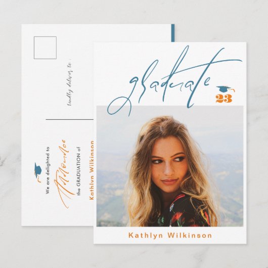 Modern Blue Oranje Script Minimalist Photo AFSTUDE Aankondigingskaart (Voorkant / Achterkant)