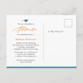 Modern Blue Oranje Script Minimalist Photo AFSTUDE Aankondigingskaart (Achterkant)