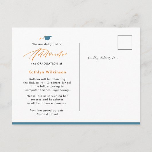 Modern Blue Oranje Script Minimalist Photo AFSTUDE Aankondigingskaart (Achterkant)