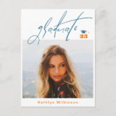 Modern Blue Oranje Script Minimalist Photo AFSTUDE Aankondigingskaart (Voorkant)